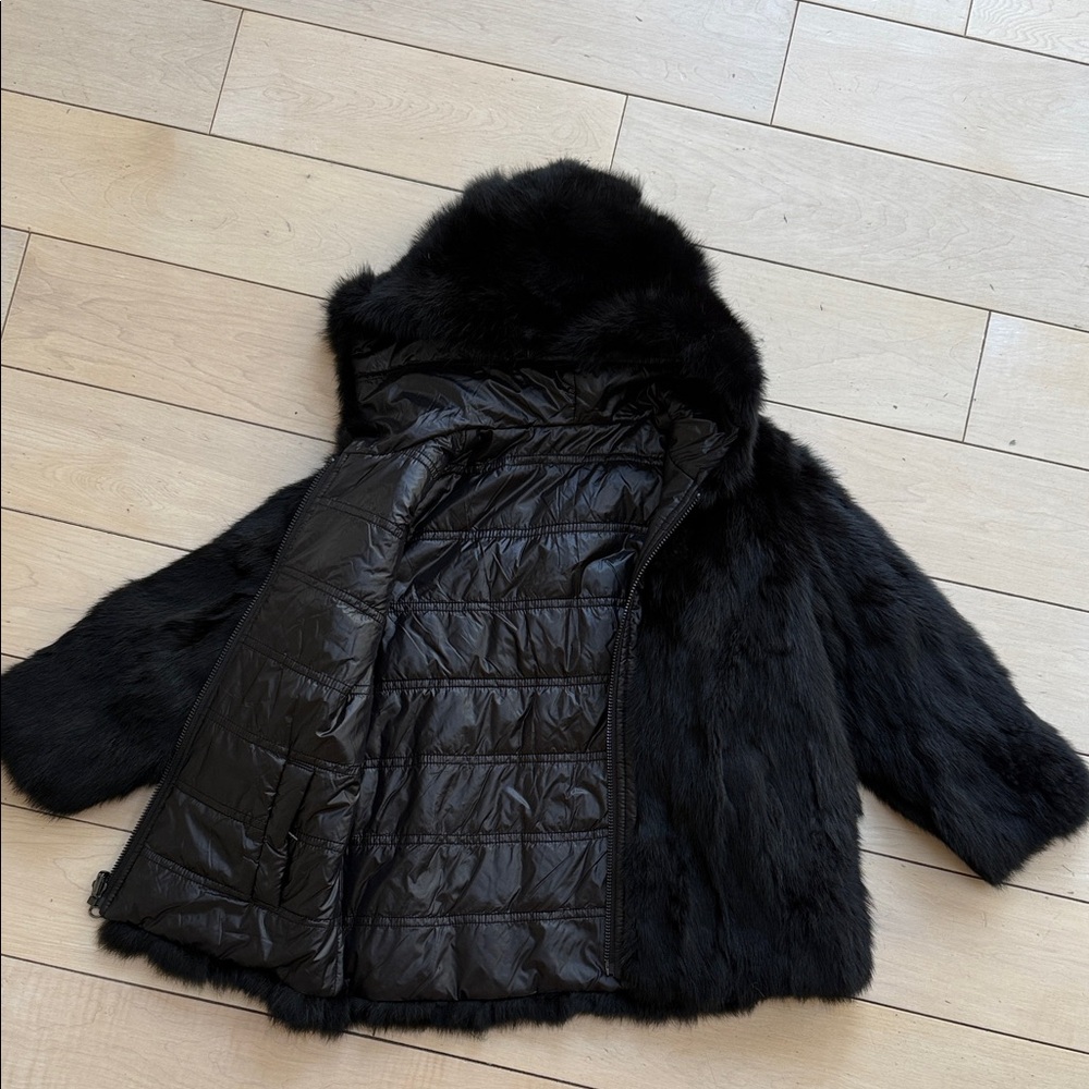 Adrienne Landau Black genuine rabbit fur reversible puffer Teddy Jacket